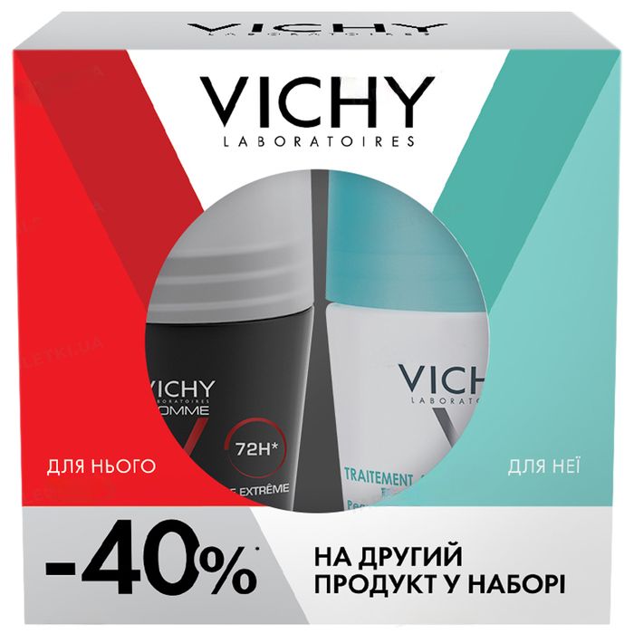 Набор антиперспирантов шариковых Vichy (Виши) 2025 (мужской 72 часа защиты 50 мл + женский 48 часов защиты 50 мл)