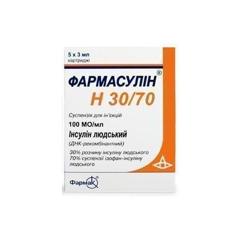 Фармасулин Н 30/70 суспензия для инъекций 100 МЕ/мл 3 мл картридж №5 в аптеке - фото №1 Фармасулин Н 30/70 суспензия для инъекций 100 МЕ/мл 3 мл картридж №5 в аптеке
