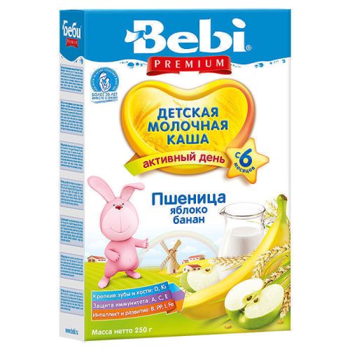 Каша молочна Bebi Premium пшениця, яблуко, банан з 6 місяців 250 г фото - фото №1 Каша молочна Bebi Premium пшениця, яблуко, банан з 6 місяців 250 г фото