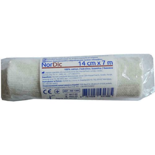 Бинт Нордік бавовняний з обробленим краєм 14 см*7 м в місті Запоріжжя : ціни, характеристика. - фото №1 Бинт Нордік бавовняний з обробленим краєм 14 см*7 м в місті Запоріжжя : ціни, характеристика.