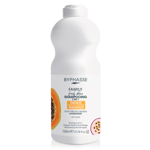 Шампунь Byphasse (Бифас) Family Fresh Delice для всех типов волос с папаей, маракуей и манго 2 в 1, 750 мл недорого - фото №1 Шампунь Byphasse (Бифас) Family Fresh Delice для всех типов волос с папаей, маракуей и манго 2 в 1, 750 мл недорого