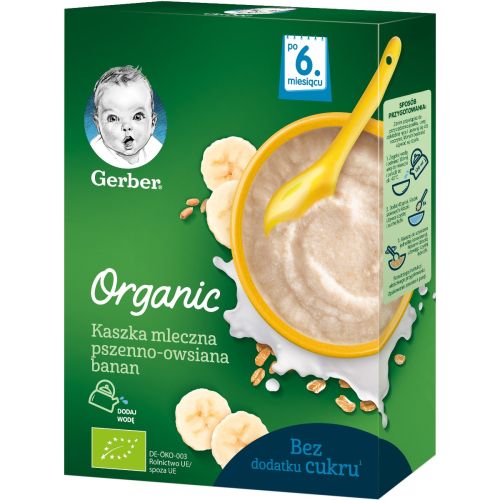 Каша безмолочная Gerber Organic пшенично-овсяная с бананом с 6 месяцев 240 г недорого - фото №1 Каша безмолочная Gerber Organic пшенично-овсяная с бананом с 6 месяцев 240 г недорого
