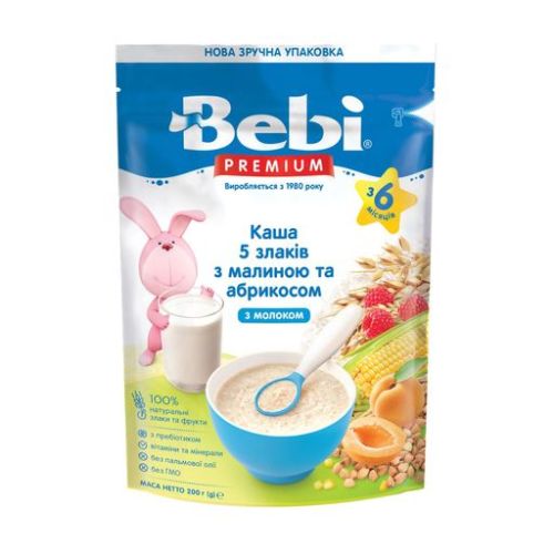 Каша Bebi Premium молочна 5 злаків, малина, абрикос, з 6 місяців 200 г недорого - фото №1 Каша Bebi Premium молочна 5 злаків, малина, абрикос, з 6 місяців 200 г недорого