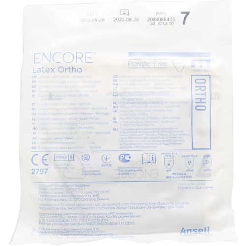 Перчатки хирургические Encore Ortho стерильные латексные неопудренные, р.7, 1 пара в аптеке - фото №1 Перчатки хирургические Encore Ortho стерильные латексные неопудренные, р.7, 1 пара в аптеке