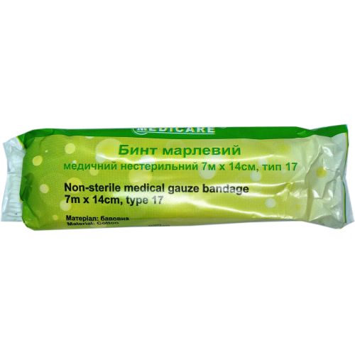 Бинт марлевий медичний Medicare нестерильний 7 м х 14 см, тип марлі 17, 1 шт. в місті Запоріжжя : ціни, характеристика. - фото №1 Бинт марлевий медичний Medicare нестерильний 7 м х 14 см, тип марлі 17, 1 шт. в місті Запоріжжя : ціни, характеристика.