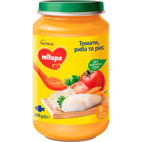 Пюре овочево-рибне Milupa (Мілупа) Томати, риба та рис, від 8 місяців, 200 г в Україні - фото №1 Пюре овочево-рибне Milupa (Мілупа) Томати, риба та рис, від 8 місяців, 200 г в Україні
