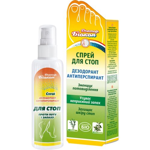 Дезодорант-антиперспірант Доктор Біокон спрей для стоп, 100 мл в аптеці - фото №1 Дезодорант-антиперспірант Доктор Біокон спрей для стоп, 100 мл в аптеці