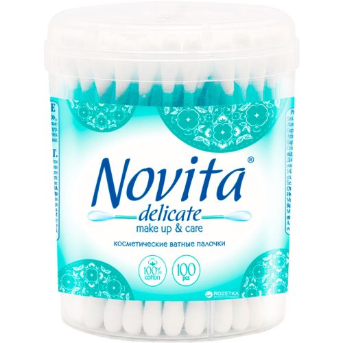 Ватные палочки Novita Delicate в круглой банке, 100 шт. в аптеке - фото №1 Ватные палочки Novita Delicate в круглой банке, 100 шт. в аптеке
