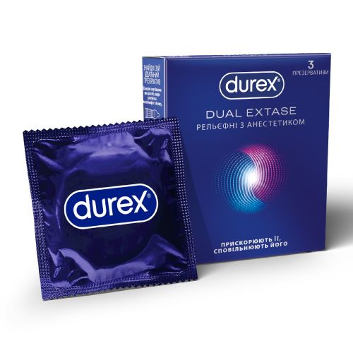 Презервативи латексні з силіконовою змазкою DUREX Dual Extase (рельєфні з анестетиком), З шт. в Дніпрі : ціни, характеристика. - фото №1 Презервативи латексні з силіконовою змазкою DUREX Dual Extase (рельєфні з анестетиком), З шт. в Дніпрі : ціни, характеристика.