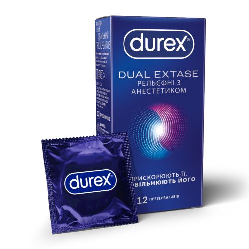 Презервативи латексні з силіконовою змазкою DUREX Dual Extase (рельєфні з анестетиком), 12 шт. в Дніпрі : ціни, характеристика. - фото №1 Презервативи латексні з силіконовою змазкою DUREX Dual Extase (рельєфні з анестетиком), 12 шт. в Дніпрі : ціни, характеристика.