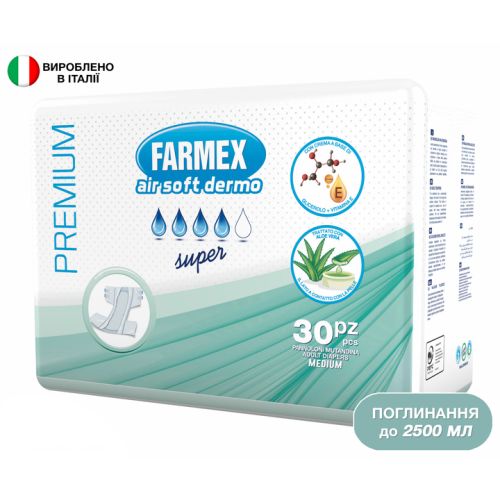 Підгузки для дорослих Farmex Premium Air Soft Dermo Super р.M №30 в місті Одеса : ціни, характеристика. - фото №1 Підгузки для дорослих Farmex Premium Air Soft Dermo Super р.M №30 в місті Одеса : ціни, характеристика.