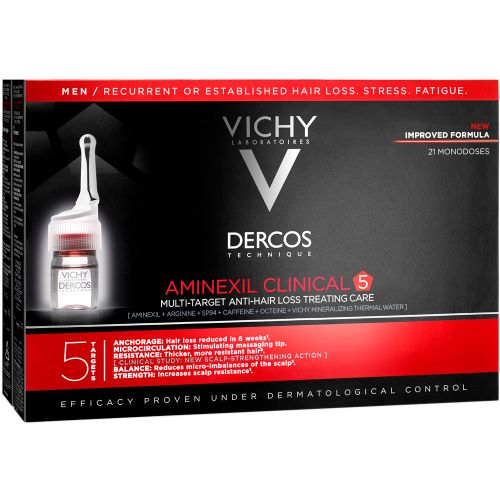 Средство Vichy (Виши) Dercos Aminexil Clinical 5 против выпадения волос комплексного действия для мужчин (монодозы 21 х 6 мл) в аптеке - фото №1 Средство Vichy (Виши) Dercos Aminexil Clinical 5 против выпадения волос комплексного действия для мужчин (монодозы 21 х 6 мл) в аптеке