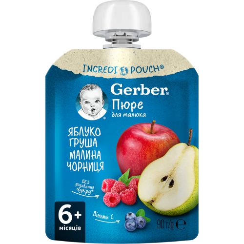Пюре Gerber Яблоко, груша, малина, черника (с 6 месяцев) 90 г заказать - фото №1 Пюре Gerber Яблоко, груша, малина, черника (с 6 месяцев) 90 г заказать