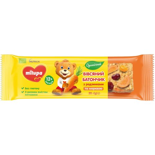Батончик вівсяний Milupa з родзинками та морквою (від 12 місяців), 20 г в інтернет-аптеці - фото №1 Батончик вівсяний Milupa з родзинками та морквою (від 12 місяців), 20 г в інтернет-аптеці