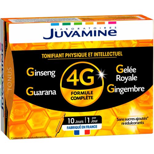 Juvamine (Жувамин) 4G женьшень + маточное молочко + гуарана + имбирь Тонус по 10 мл ампулы №10 купить - фото №1 Juvamine (Жувамин) 4G женьшень + маточное молочко + гуарана + имбирь Тонус по 10 мл ампулы №10 купить