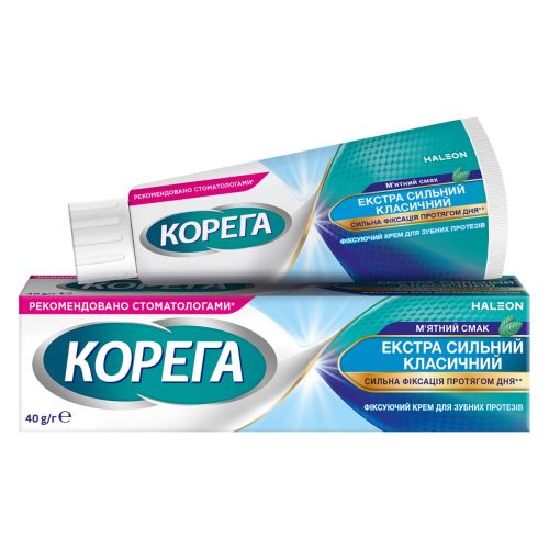 Фіксуючий крем для зубних протезів Корега Екстра Сильний Класичний М'ятний Смак 40 г в місті Одеса : ціни, характеристика. - фото №1 Фіксуючий крем для зубних протезів Корега Екстра Сильний Класичний М'ятний Смак 40 г в місті Одеса : ціни, характеристика.