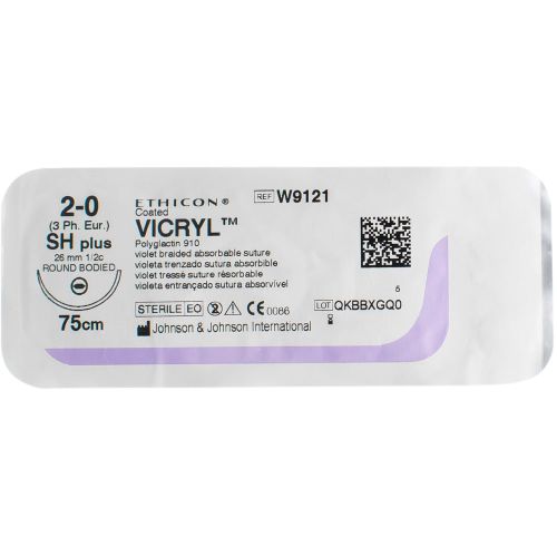 Шовный материал Викрил 2-0 (1/2 круга) колющая игла 26 мм 75 см W9121 фото - фото №1 Шовный материал Викрил 2-0 (1/2 круга) колющая игла 26 мм 75 см W9121 фото