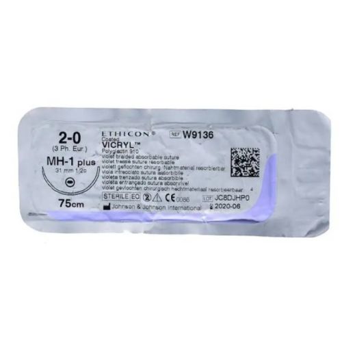 Нить Викрил 2-0 игла 31 мм колющая, 75 см 1/2 окружности фиолетовая W9136 купить - фото №1 Нить Викрил 2-0 игла 31 мм колющая, 75 см 1/2 окружности фиолетовая W9136 купить