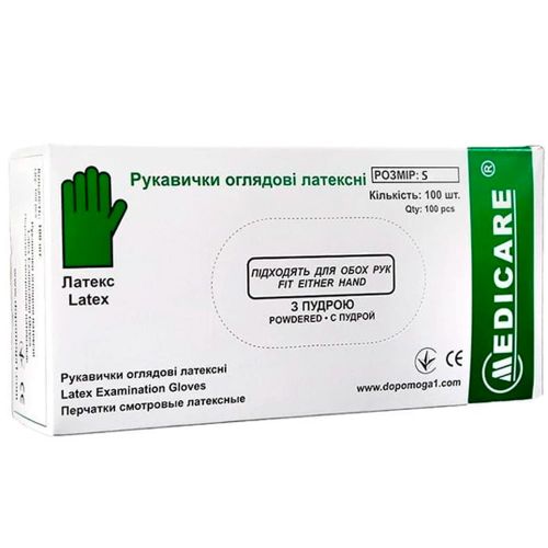 Перчатки Medicare смотровые латексные нестерильные припудренные размер S №100 в Украине - фото №1 Перчатки Medicare смотровые латексные нестерильные припудренные размер S №100 в Украине