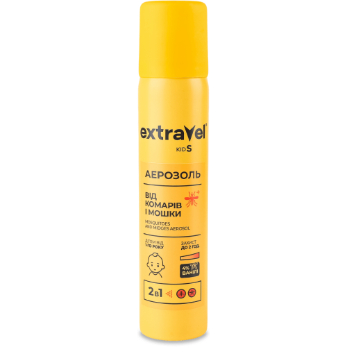 Аэрозоль ExtraVel Kids от комаров и мошки 2 в 1 для детей от 1 года, 80 мл в Украине - фото №1 Аэрозоль ExtraVel Kids от комаров и мошки 2 в 1 для детей от 1 года, 80 мл в Украине