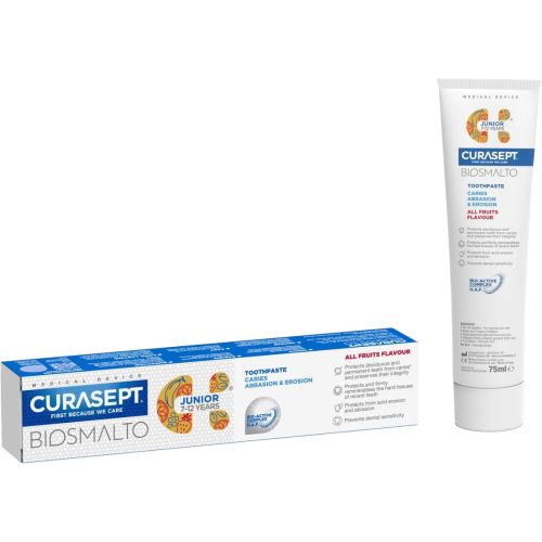 Детская зубная паста Curasept Biosmalto Junior против кариеса, эрозии и стирания, 7-12 лет, 75 мл в аптеке - фото №1 Детская зубная паста Curasept Biosmalto Junior против кариеса, эрозии и стирания, 7-12 лет, 75 мл в аптеке