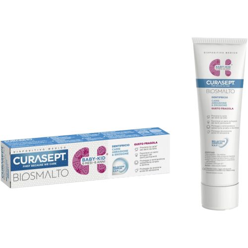 Детская зубная паста Curasept Biosmalto против кариеса, эрозии и стирания, от 6 месяцев до 6 лет, клубника, 50 мл цена - фото №1 Детская зубная паста Curasept Biosmalto против кариеса, эрозии и стирания, от 6 месяцев до 6 лет, клубника, 50 мл цена