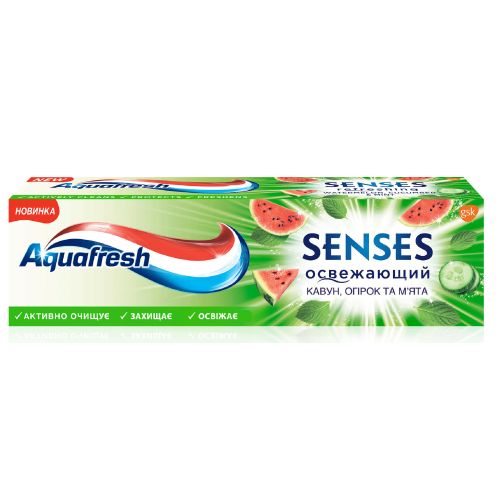 Зубная паста Aquafresh Senses (огурец, арбуз, мята) 75 г в городе Одесса : цены, характеристики. - фото №1 Зубная паста Aquafresh Senses (огурец, арбуз, мята) 75 г в городе Одесса : цены, характеристики.