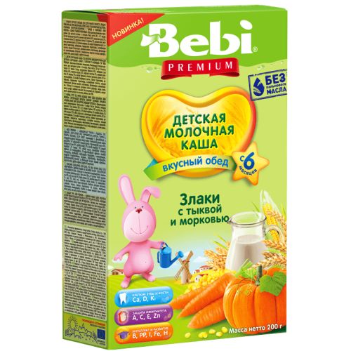 Каша молочная Bebi Premium Вкусный обед злаки с тыквой и морковью с 6 месяцев 200 г в Украине - фото №1 Каша молочная Bebi Premium Вкусный обед злаки с тыквой и морковью с 6 месяцев 200 г в Украине