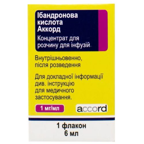 Ибандроновая кислота Аккорд концентрат для раствора, 1 мг/мл, 6 мл флакон №1 заказать - фото №1 Ибандроновая кислота Аккорд концентрат для раствора, 1 мг/мл, 6 мл флакон №1 заказать