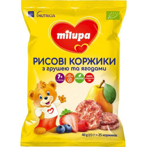 Рисові коржики Milupa (Мілупа) з грушею та ягодами для харчування дітей від 7 місяців 40 г в Україні - фото №1 Рисові коржики Milupa (Мілупа) з грушею та ягодами для харчування дітей від 7 місяців 40 г в Україні