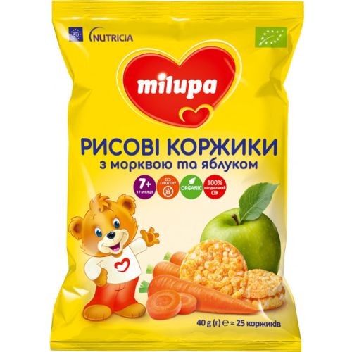 Рисові коржики Milupa (Мілупа) з морквою та яблуком для харчування дітей від 7-ми місяців 40 г фото - фото №1 Рисові коржики Milupa (Мілупа) з морквою та яблуком для харчування дітей від 7-ми місяців 40 г фото