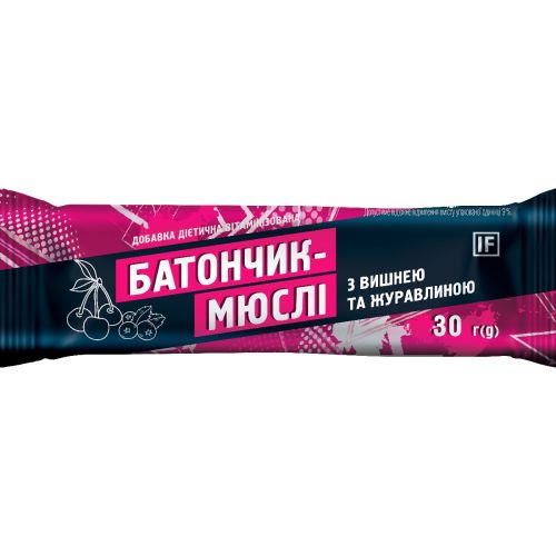 Батончик-мюслі з вишнею та журавлиною, 30 г в аптеці - фото №1 Батончик-мюслі з вишнею та журавлиною, 30 г в аптеці