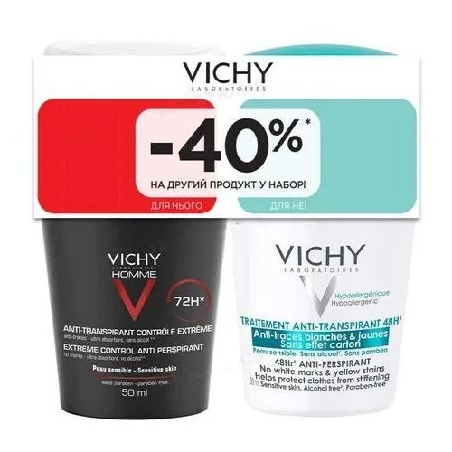 Набір Vichy (Віші) Бом Дезодорант для чоловіків 72 год. + для жінок 48 год. захисту 2026 в Дніпрі : ціни, характеристика. - фото №1 Набір Vichy (Віші) Бом Дезодорант для чоловіків 72 год. + для жінок 48 год. захисту 2026 в Дніпрі : ціни, характеристика.