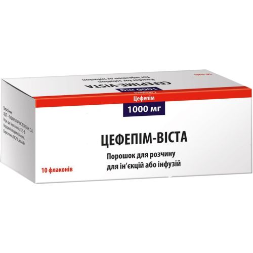 Цефепим-Виста порошок для раствора для инъекций и инфузий по 1000 мг флаконы №10 в Днепре : цены, характеристики. - фото №1 Цефепим-Виста порошок для раствора для инъекций и инфузий по 1000 мг флаконы №10 в Днепре : цены, характеристики.