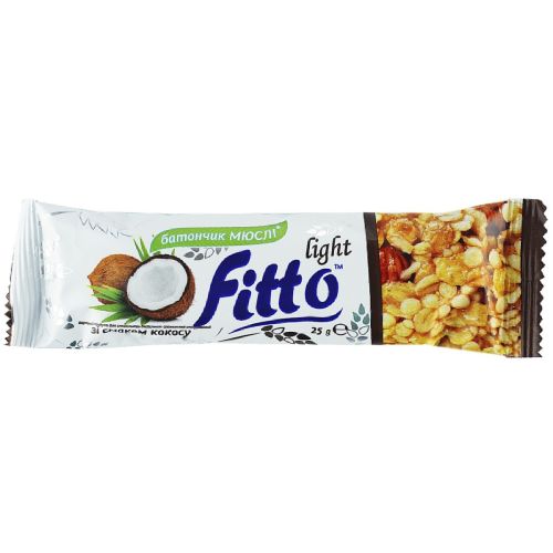 Батончик-мюсли Fitto light с кокосовой стружкой, 25 г в аптеке - фото №1 Батончик-мюсли Fitto light с кокосовой стружкой, 25 г в аптеке