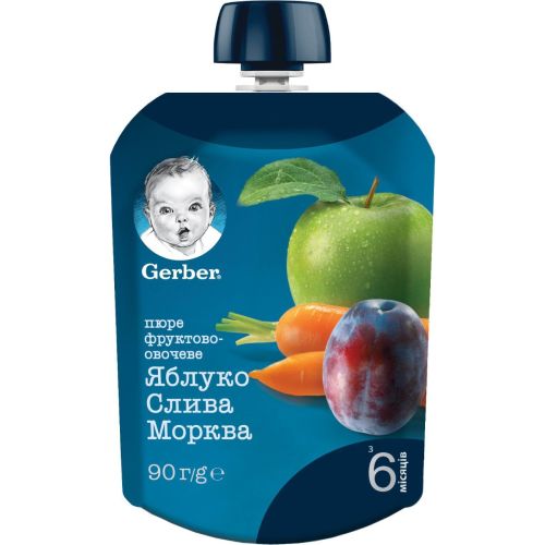 Пюре фруктово-овощное Gerber Яблоко слива морковь, 90 г в аптеке - фото №1 Пюре фруктово-овощное Gerber Яблоко слива морковь, 90 г в аптеке